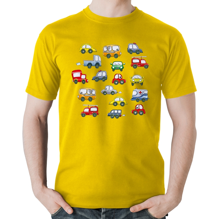 Camiseta Algodão Carrinhos Coloridos - Amarela