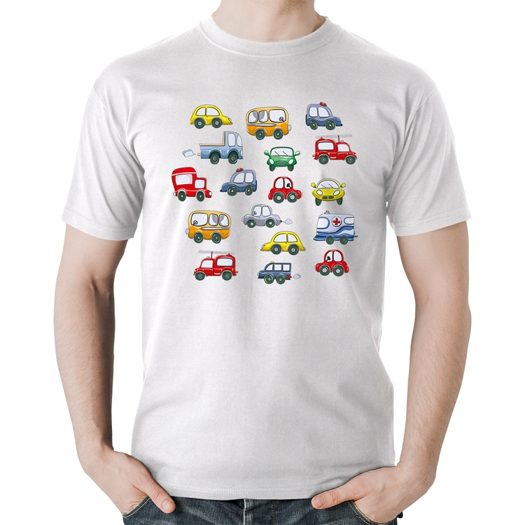 Camiseta Algodão Carrinhos Coloridos - Branca