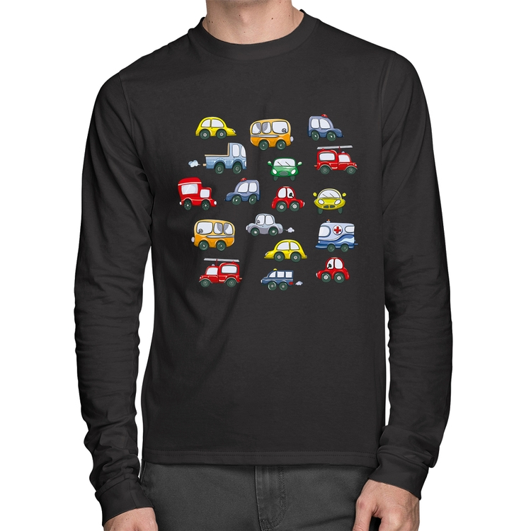 Camiseta Algodão Carrinhos Coloridos Manga Longa