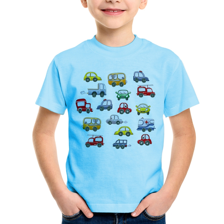 Camiseta Infantil Carrinhos Coloridos - Azul Bebê