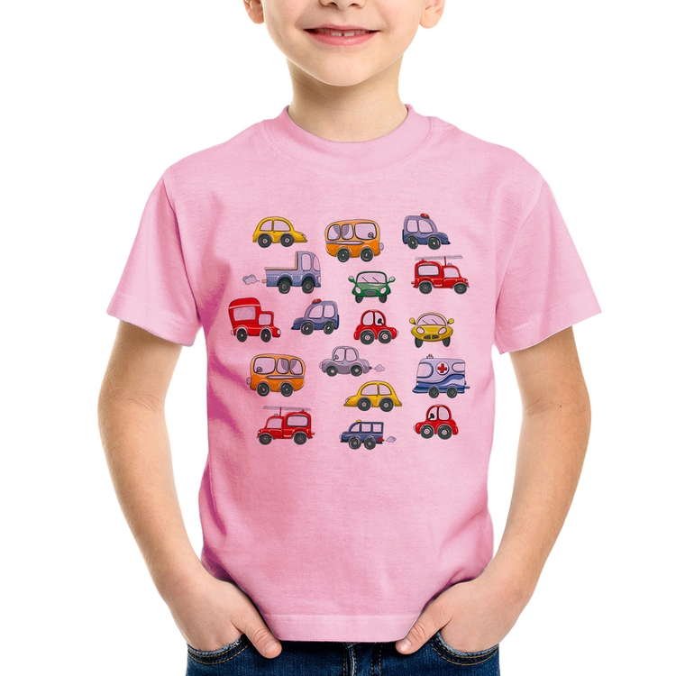 Camiseta Infantil Carrinhos Coloridos - Rosa Bebê