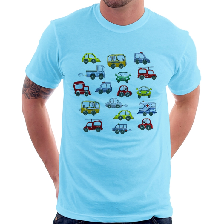Camiseta Carrinhos Coloridos - Azul Bebê