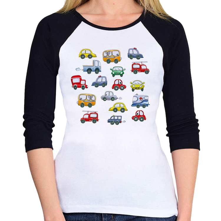 Baby Look Raglan Carrinhos Coloridos Manga 3/4