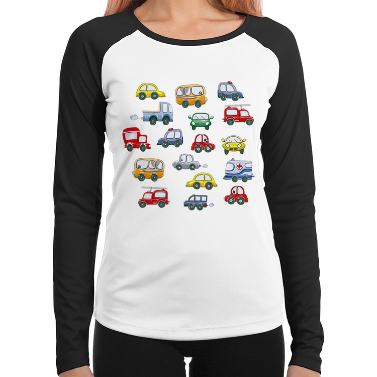 Baby Look Raglan Carrinhos Coloridos Manga Longa