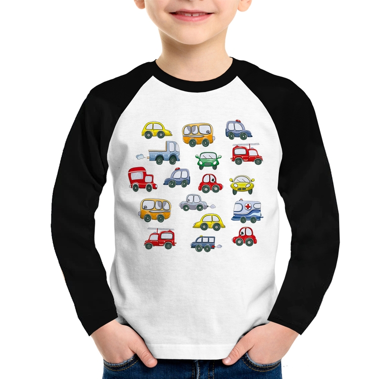 Camiseta Raglan Infantil Carrinhos Coloridos Manga Longa