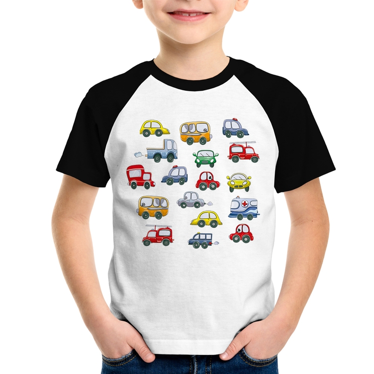 Camiseta Raglan Infantil Carrinhos Coloridos