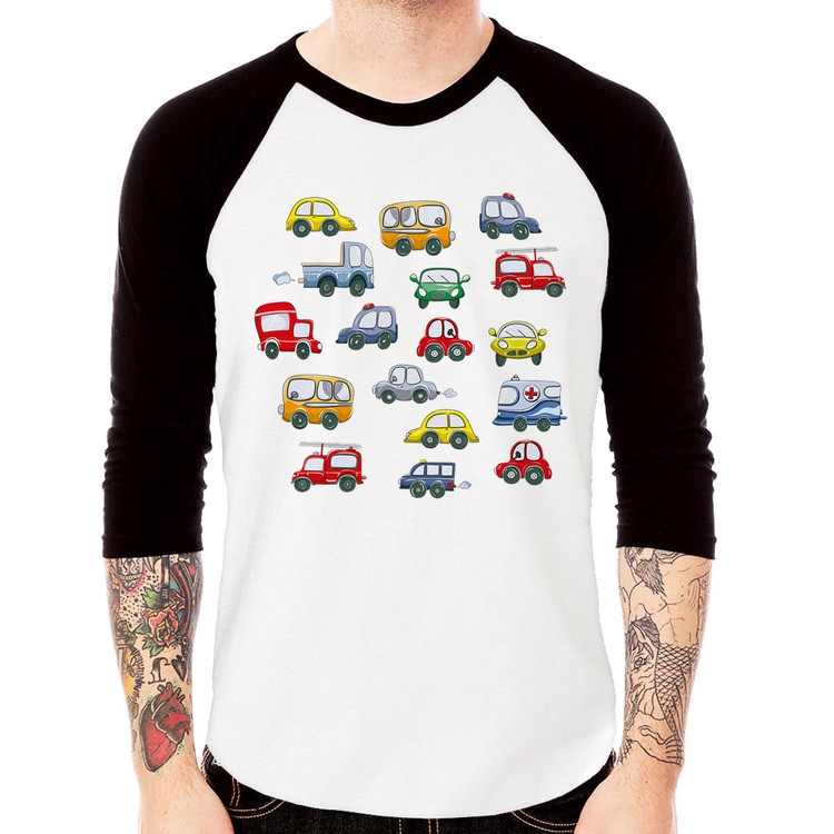 Camiseta Raglan Carrinhos Coloridos Manga 3/4