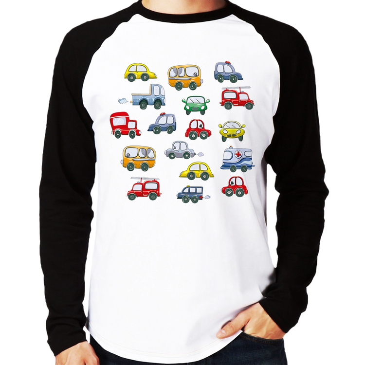 Camiseta Raglan Carrinhos Coloridos Manga Longa