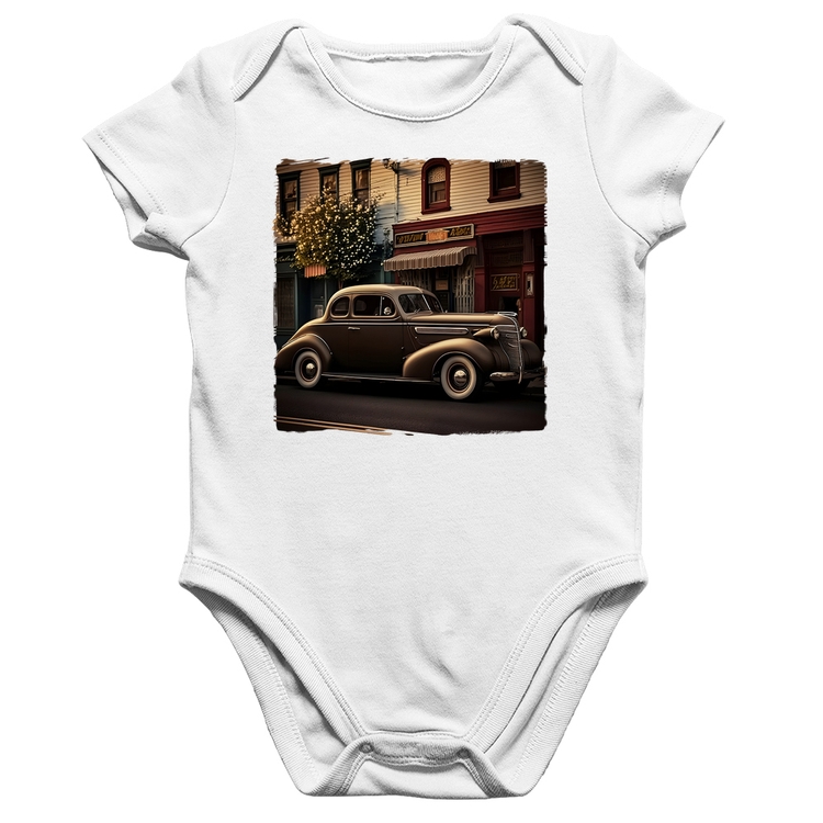 Body Bebê Algodão Carro antigo na cidade - Branco