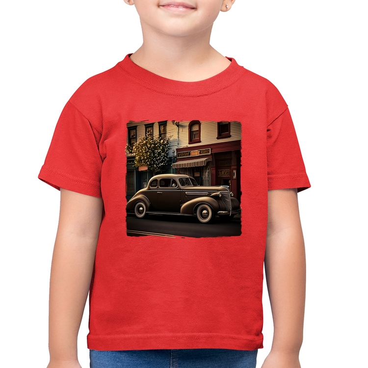 Camiseta Algodão Infantil Carro antigo na cidade - Vermelha