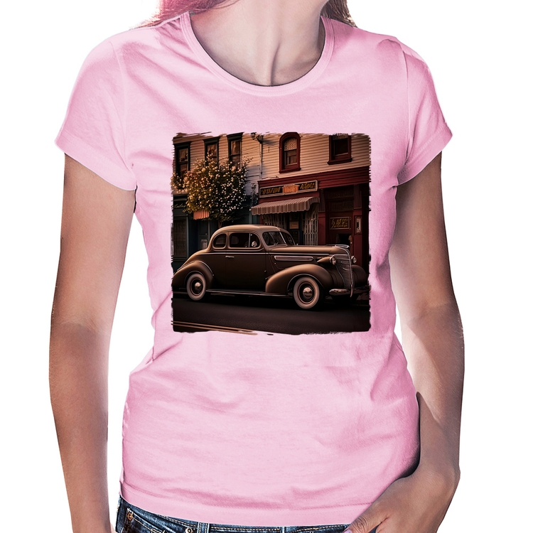 Baby Look Carro antigo na cidade - Rosa Bebê