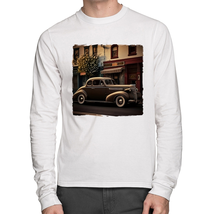 Camiseta Algodão Carro antigo na cidade Manga Longa - Branca