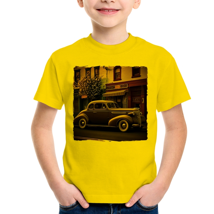 Camiseta Infantil Carro antigo na cidade - Amarela