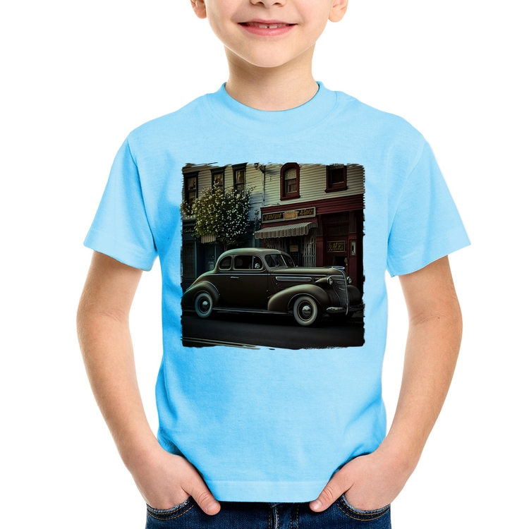 Camiseta Infantil Carro antigo na cidade - Azul Bebê