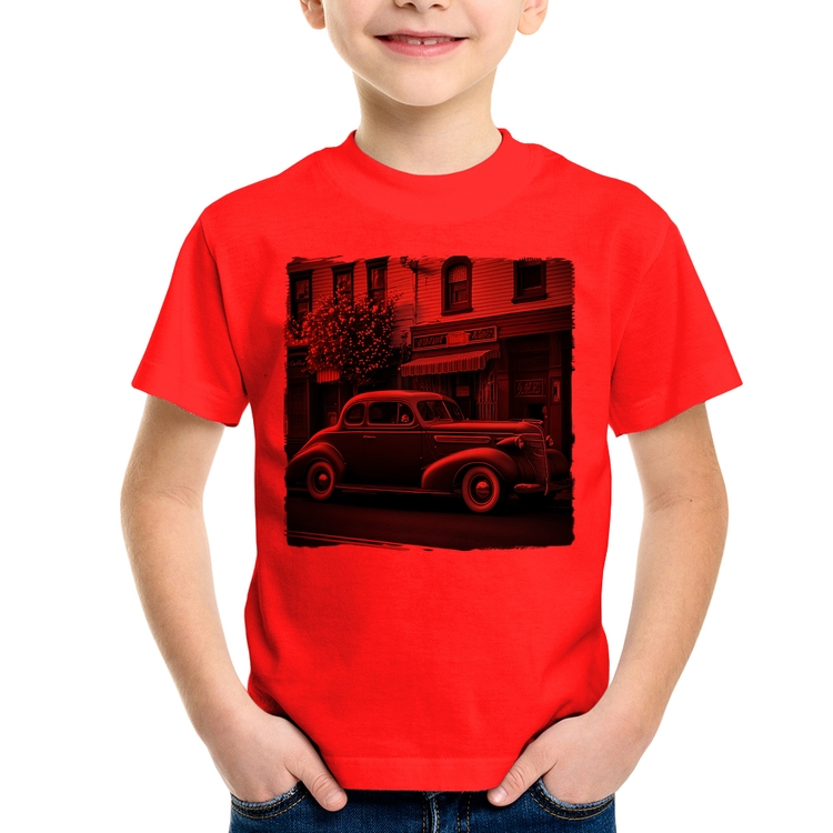 Camiseta Infantil Carro antigo na cidade - Vermelha