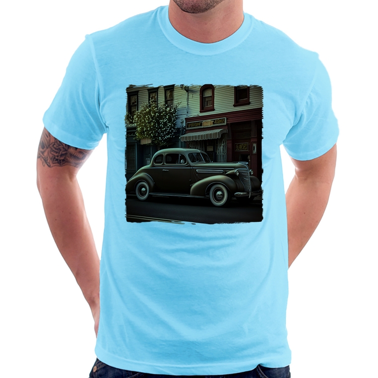 Camiseta Carro antigo na cidade - Azul Bebê
