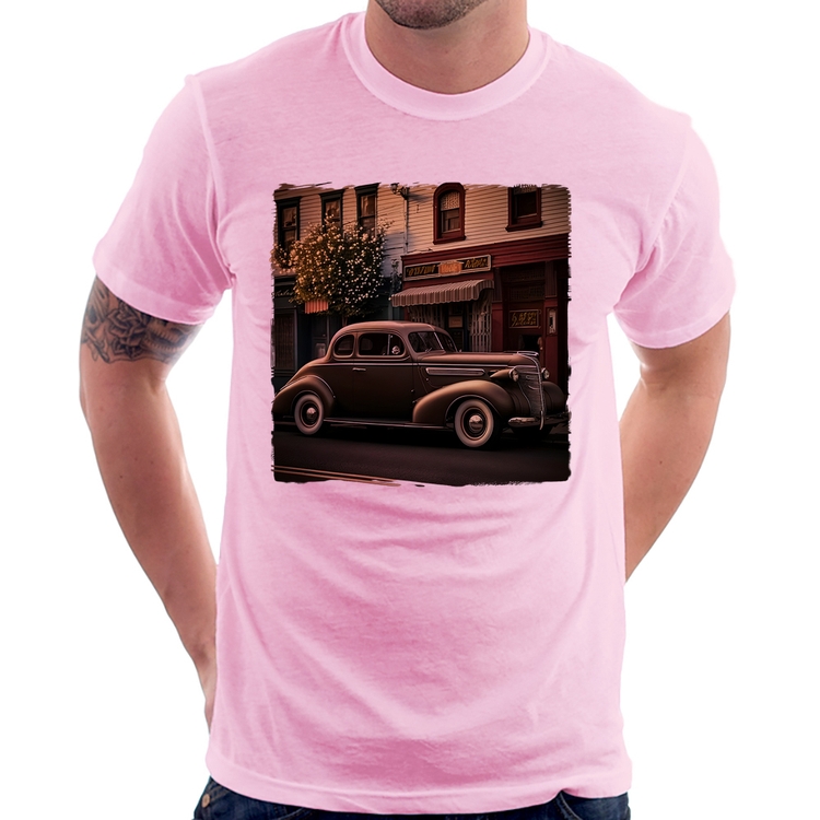 Camiseta Carro antigo na cidade - Rosa Bebê