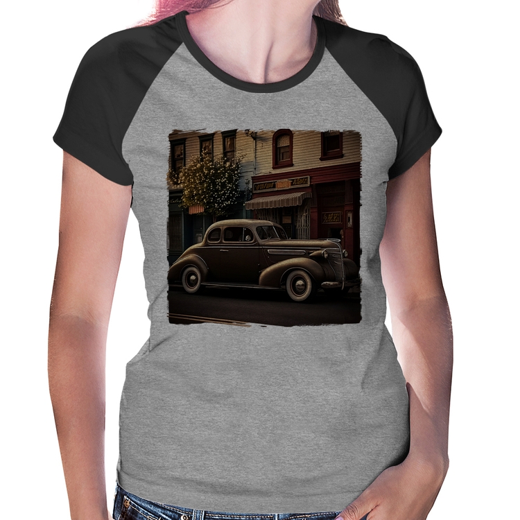 Baby Look Raglan Carro antigo na cidade - Cinza/Preto