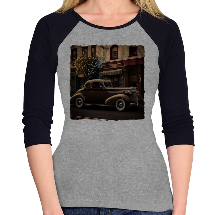 Baby Look Raglan Carro antigo na cidade Manga 3/4 - Cinza/Preto