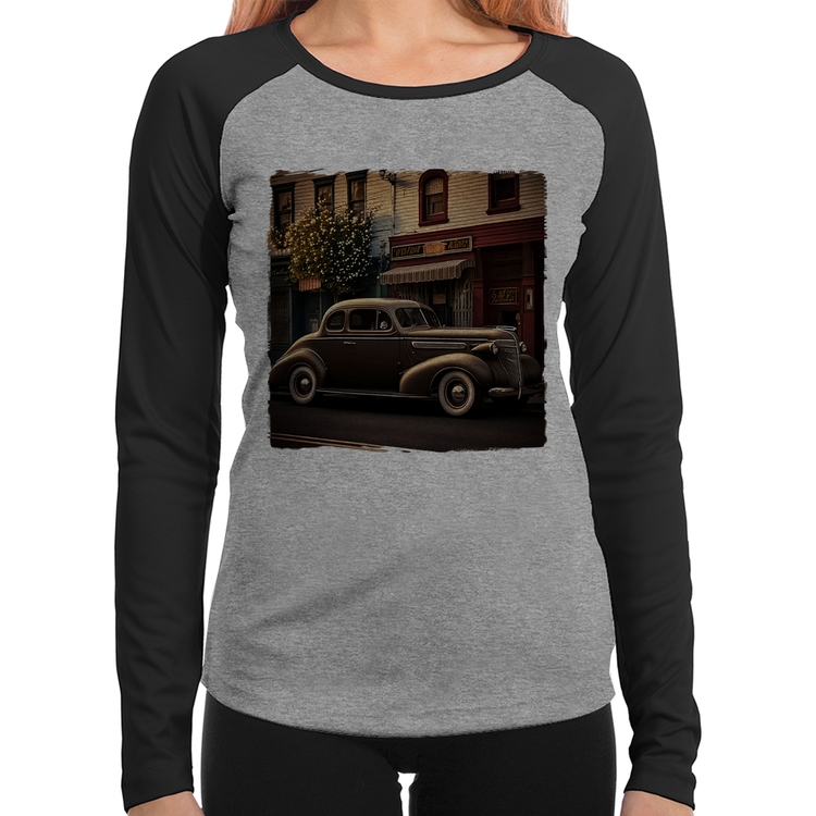 Baby Look Raglan Carro antigo na cidade Manga Longa - Cinza/Preto