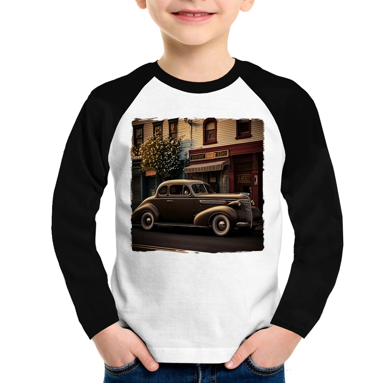 Camiseta Raglan Infantil Carro antigo na cidade Manga Longa