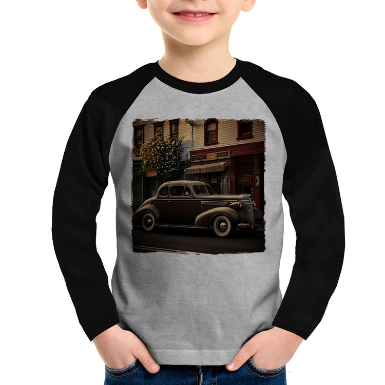Camiseta Raglan Infantil Carro antigo na cidade Manga Longa - Cinza/Preto