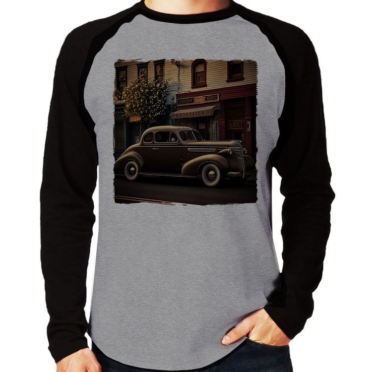 Camiseta Raglan Carro antigo na cidade Manga Longa - Cinza/Preto