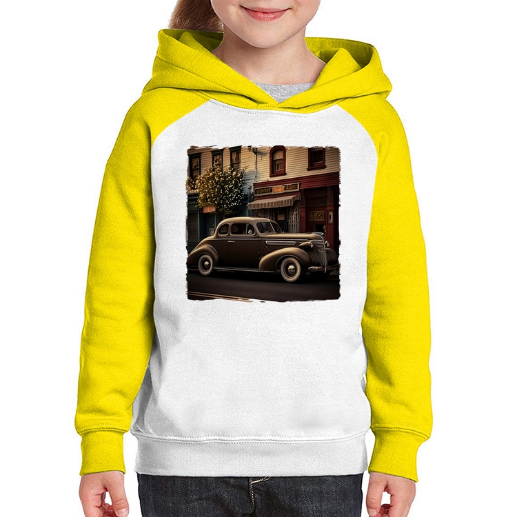 Moletom Infantil Carro antigo na cidade - Branco/Amarelo