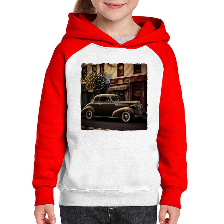 Moletom Infantil Carro antigo na cidade - Branco/Vermelho