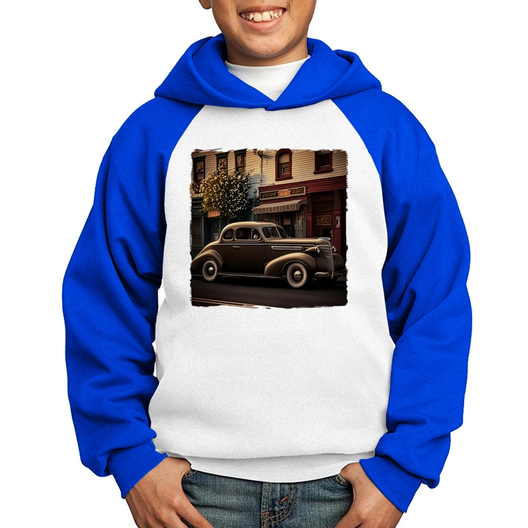 Moletom Infantil Carro antigo na cidade - Branco/Azul