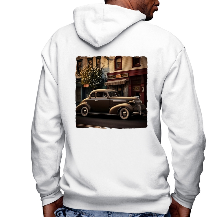 Blusa Moletom Carro antigo na cidade Masculina com Capuz e Zíper - Branca