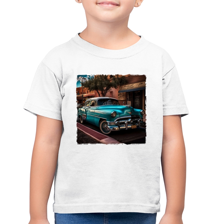 Camiseta Algodão Infantil Carro clássico azul - Branca