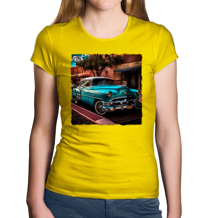 Baby Look Algodão Carro clássico azul - Amarela