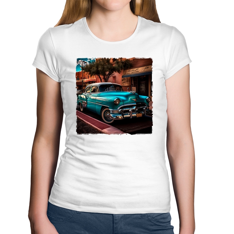 Baby Look Algodão Carro clássico azul - Branca