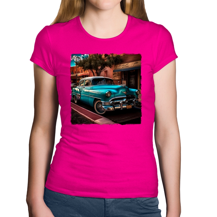 Baby Look Algodão Carro clássico azul - Rosa