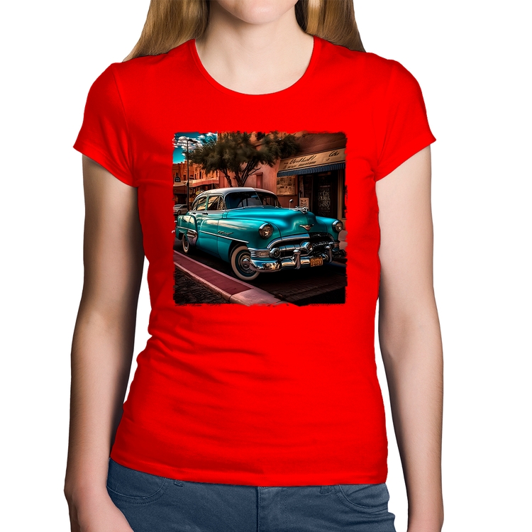 Baby Look Algodão Carro clássico azul - Vermelha