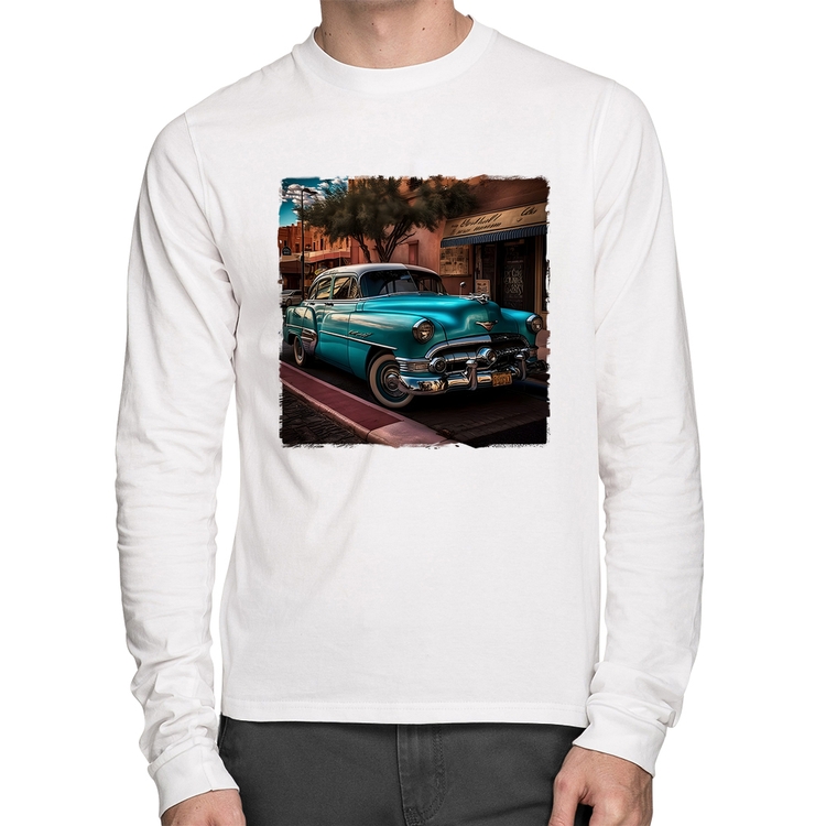Camiseta Algodão Carro clássico azul Manga Longa - Branca