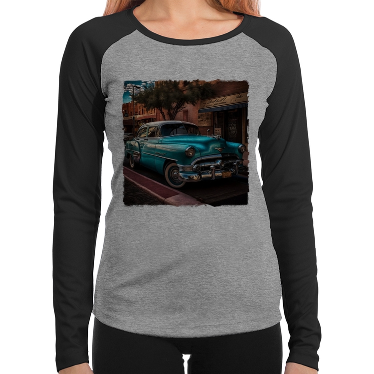 Baby Look Raglan Carro clássico azul Manga Longa - Cinza/Preto