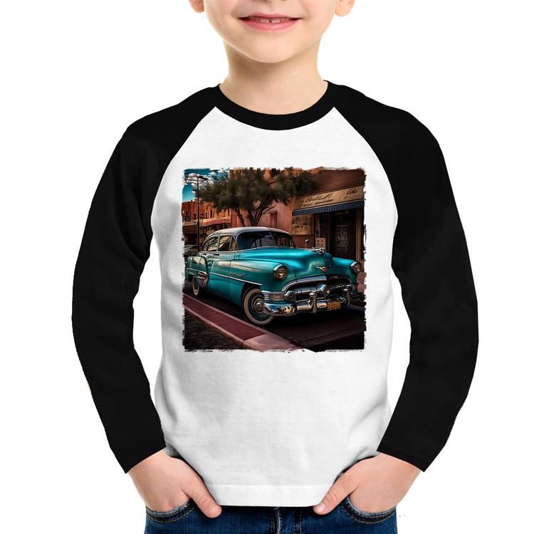 Camiseta Raglan Infantil Carro clássico azul Manga Longa