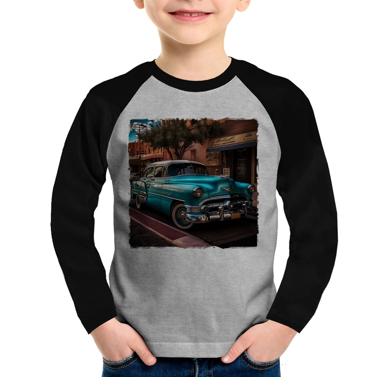 Camiseta Raglan Infantil Carro clássico azul Manga Longa - Cinza/Preto