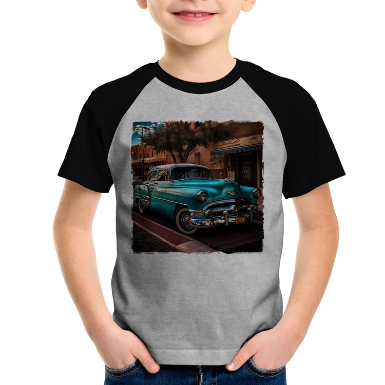 Camiseta Raglan Infantil Carro clássico azul - Cinza/Preto
