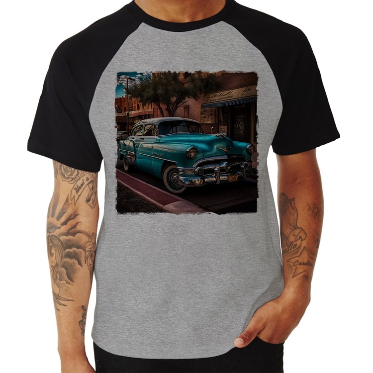 Camiseta Raglan Carro clássico azul - Cinza/Preto