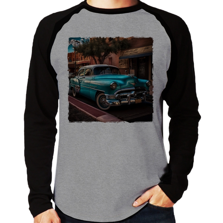 Camiseta Raglan Carro clássico azul Manga Longa - Cinza/Preto