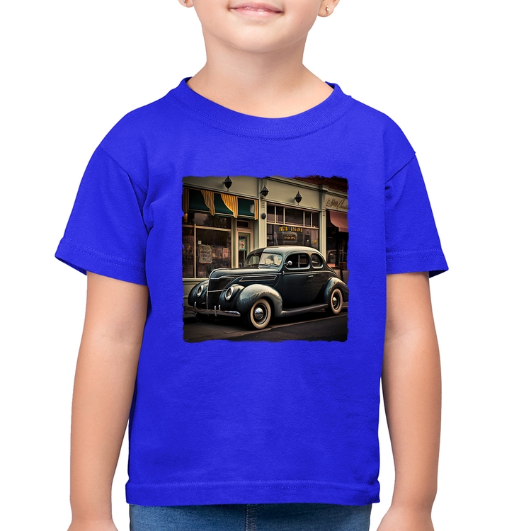 Camiseta Algodão Infantil Carro clássico na cidade - Azul Royal