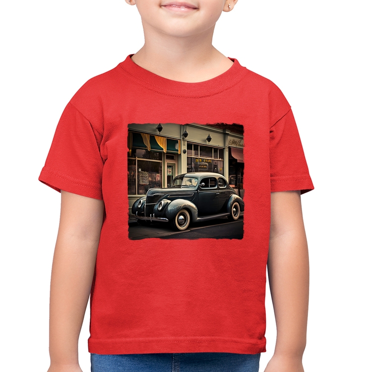 Camiseta Algodão Infantil Carro clássico na cidade - Vermelha