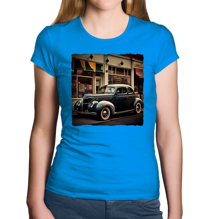 Baby Look Algodão Carro clássico na cidade - Azul