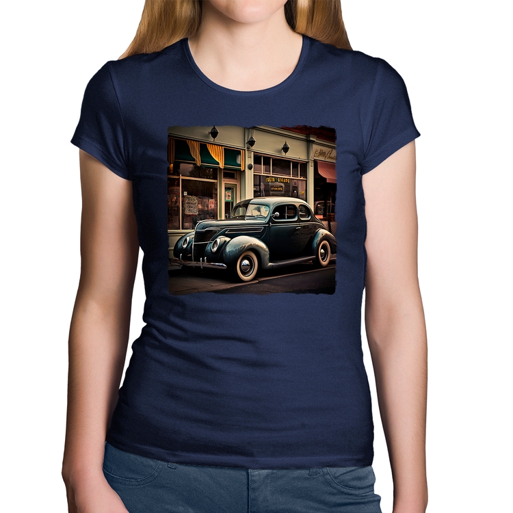 Baby Look Algodão Carro clássico na cidade - Marinho