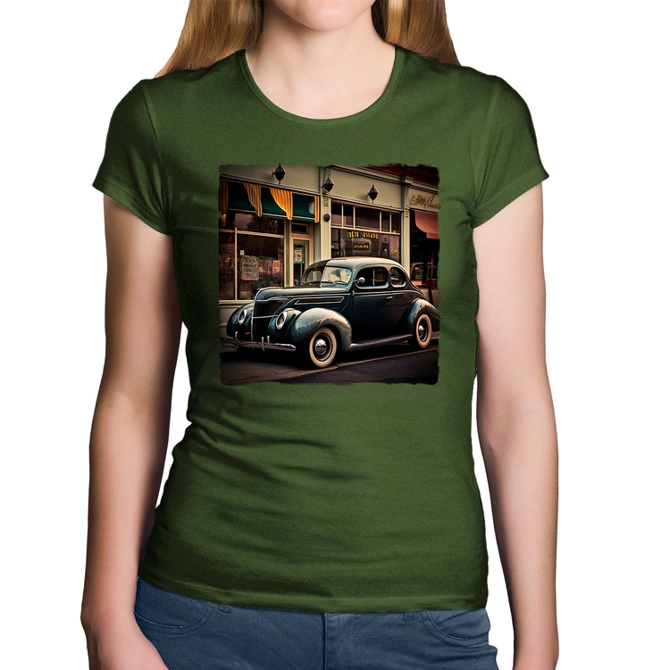 Baby Look Algodão Carro clássico na cidade - Musgo