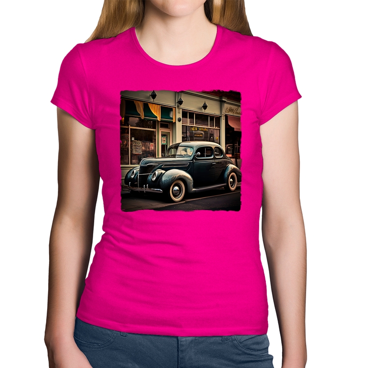 Baby Look Algodão Carro clássico na cidade - Rosa