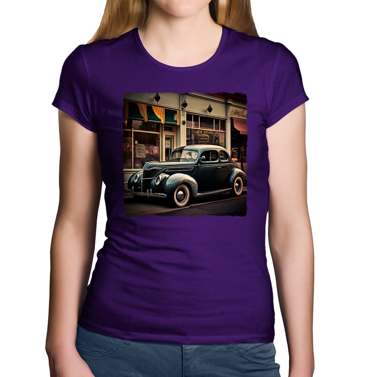 Baby Look Algodão Carro clássico na cidade - Roxa